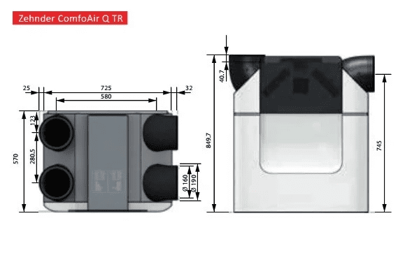 Zehnder ComfoAir Q 450 ERV TR Plokštelinis Išmatavimai