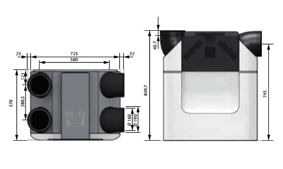 rekuperatorius Zehnder ComfoAir Q 350 ERV TR Išmatavimai